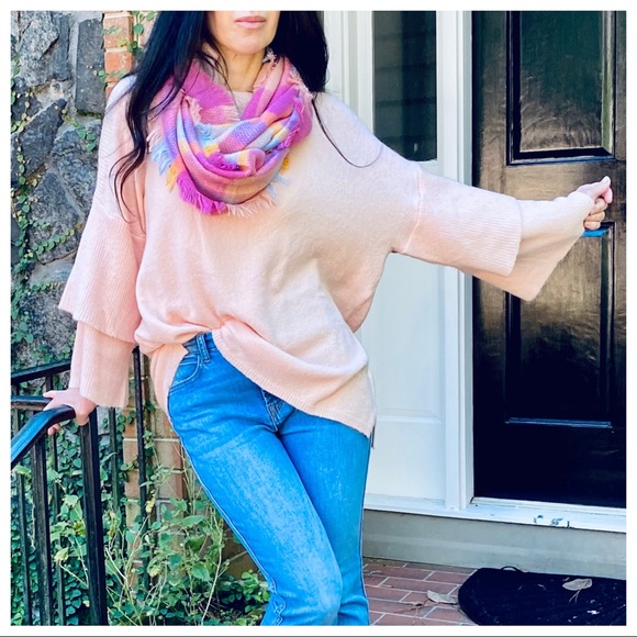 BOHO CHIC LAYERED SLEEVES PINK LOOSE FIT SWEATER - Picture 3 of 4